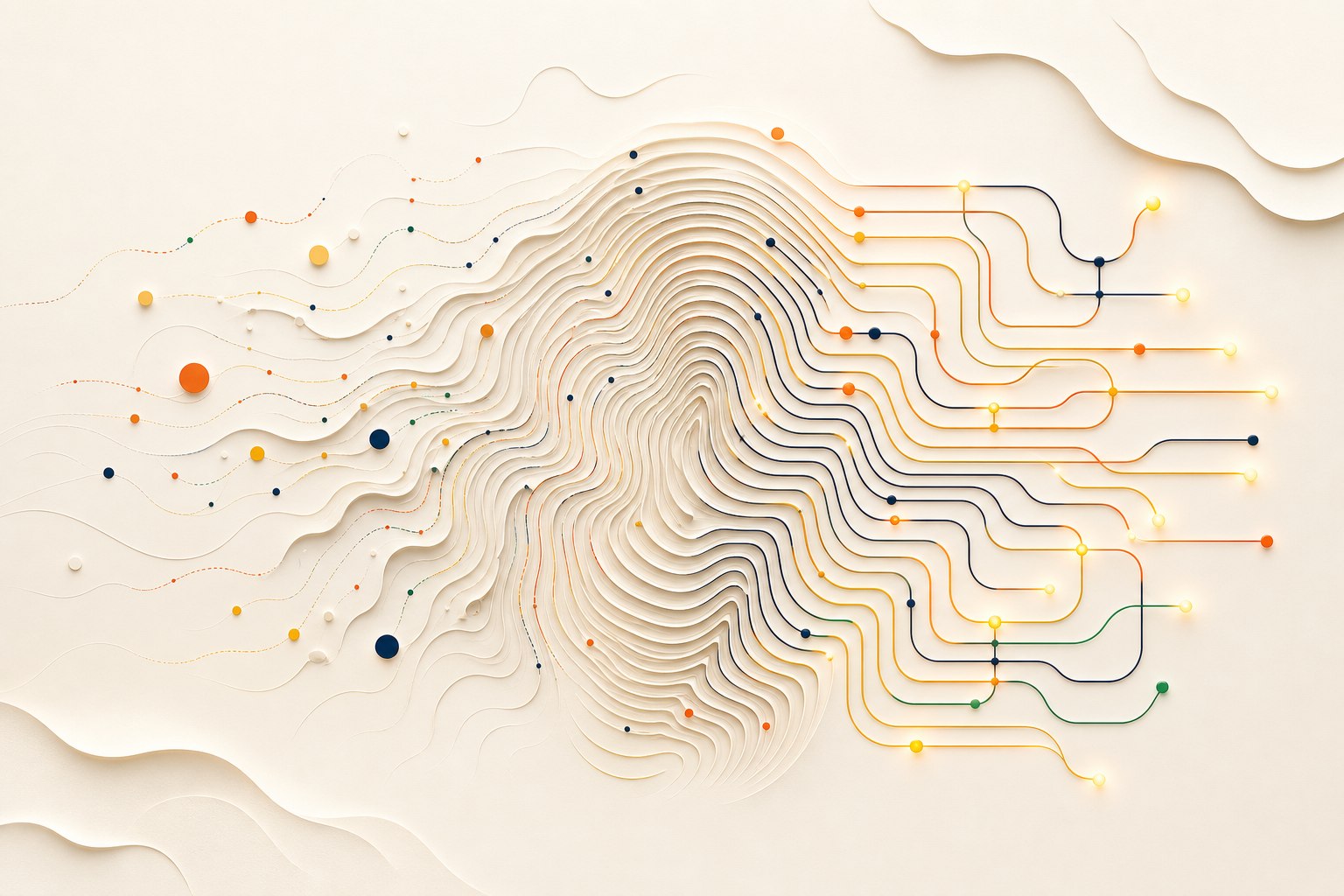 Abstract pathways flowing through a fingerprint shape to represent visible, changeable patterns