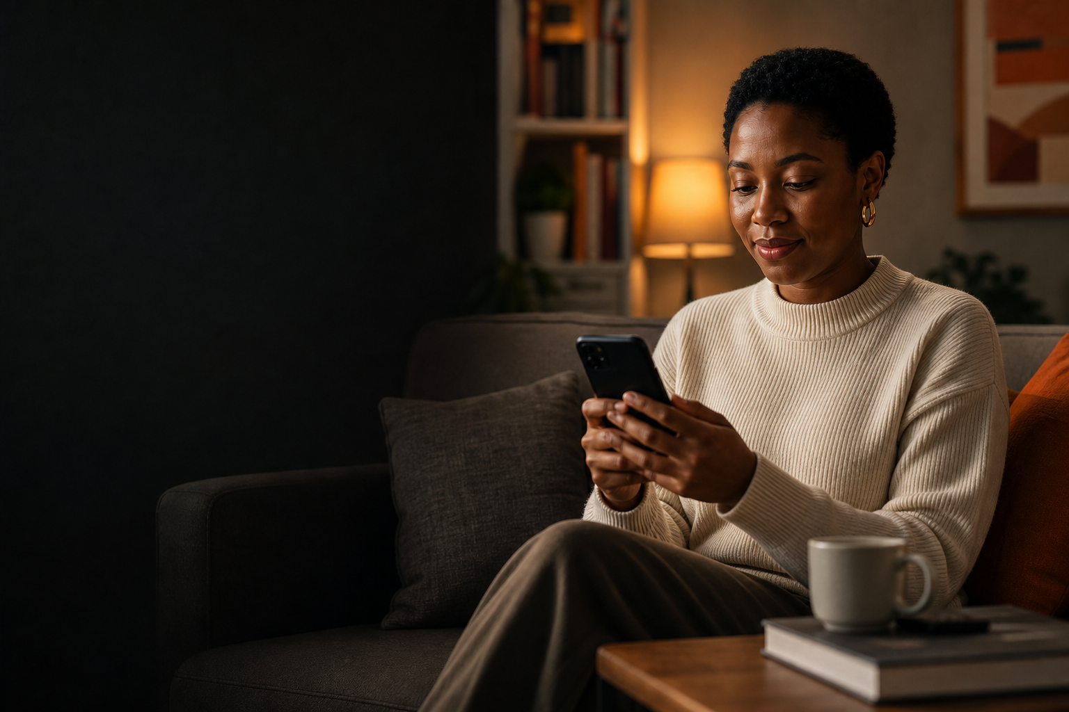A woman using Quedium support privately from home